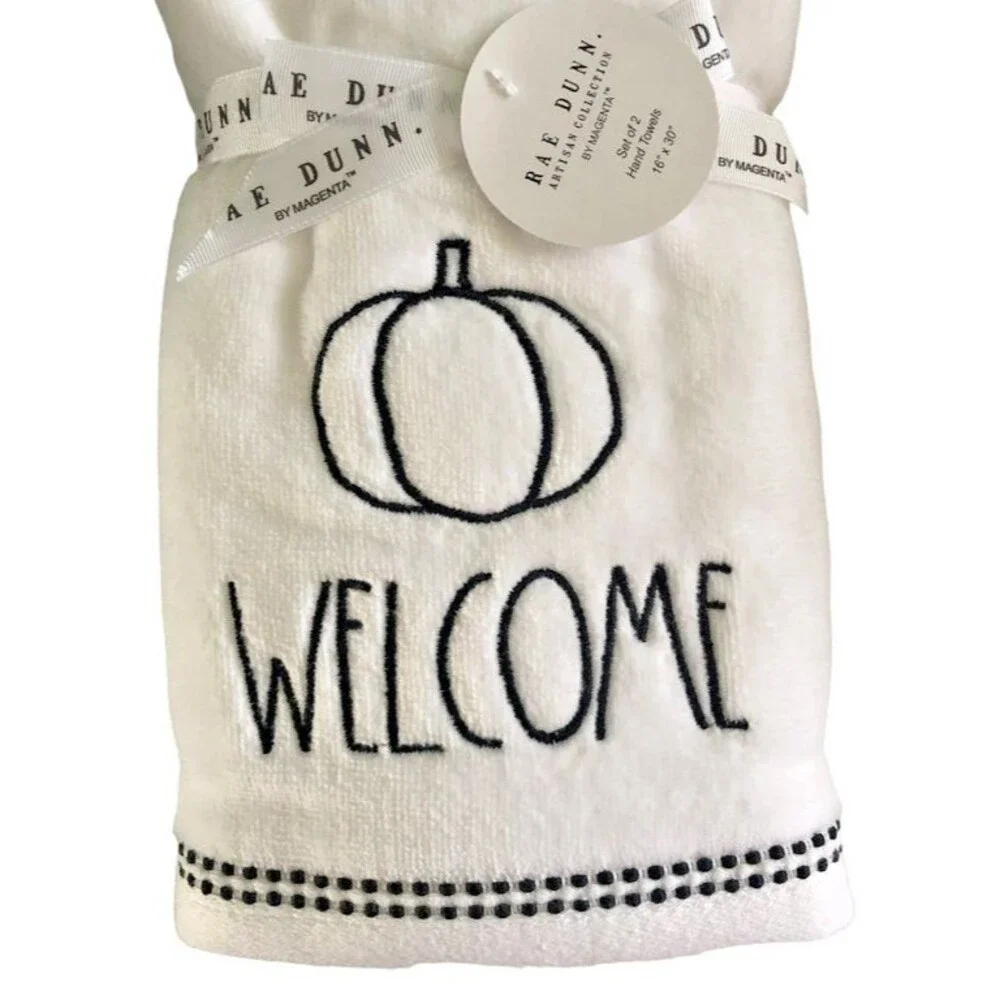Rae Dunn Thanksgiving Hand Towels Set of 2 Pumpkin Welcome Embroidered Fall